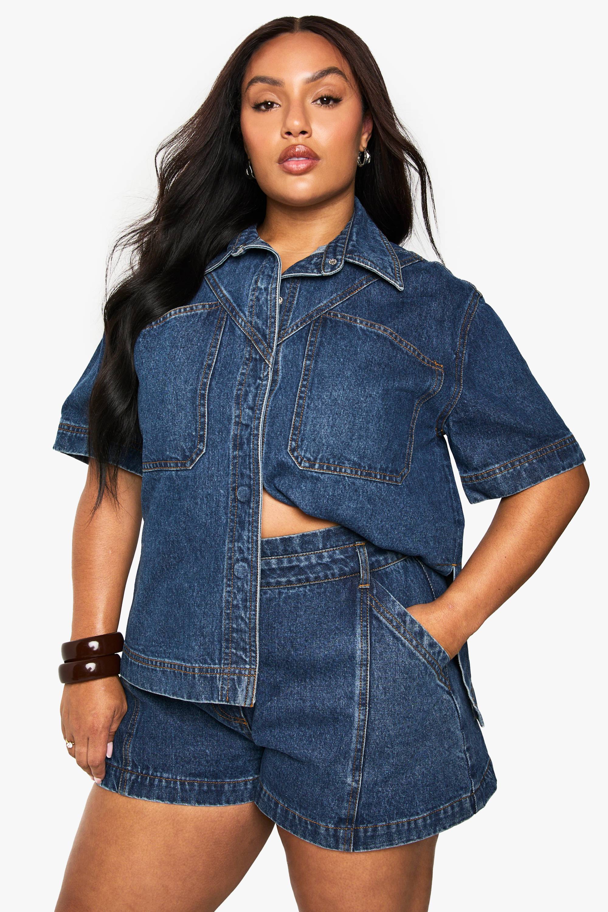 boohoo Plus Denim Seam Detail Flippy Denim Short