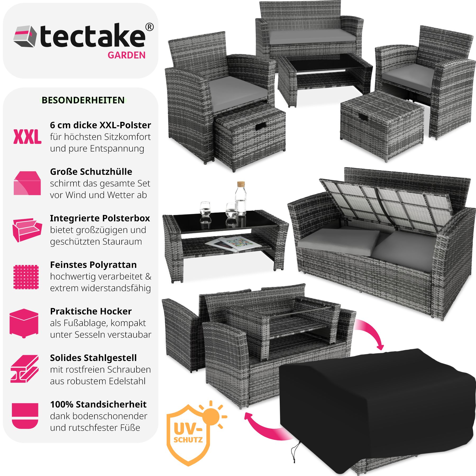 tectake® Rattan Sitzgruppe, für 4 bis 6 Personen, UV-beständig, inklusive Staufach und Schutzhülle