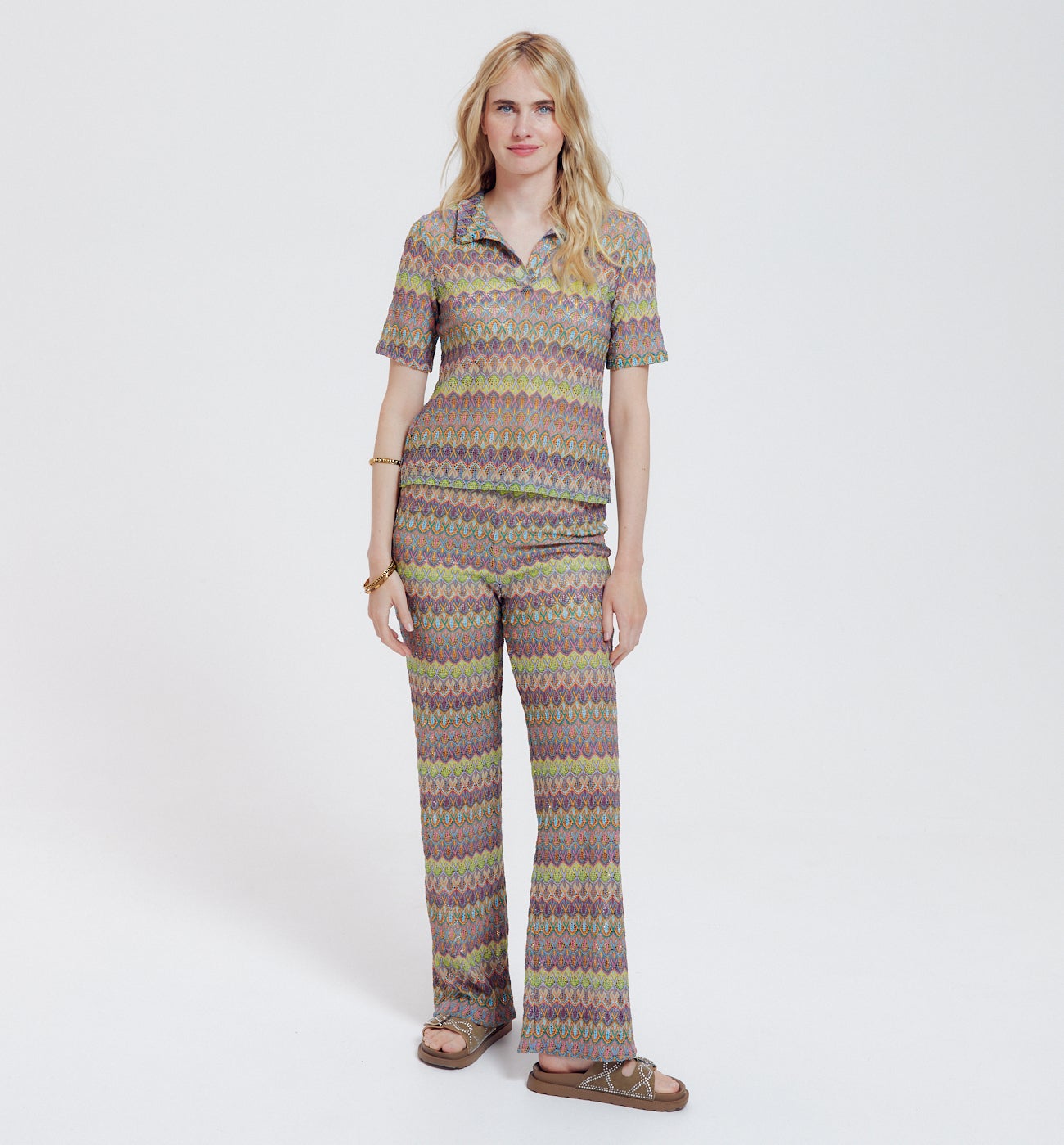 Polo en maille dentelle Femme - Imprimé rose