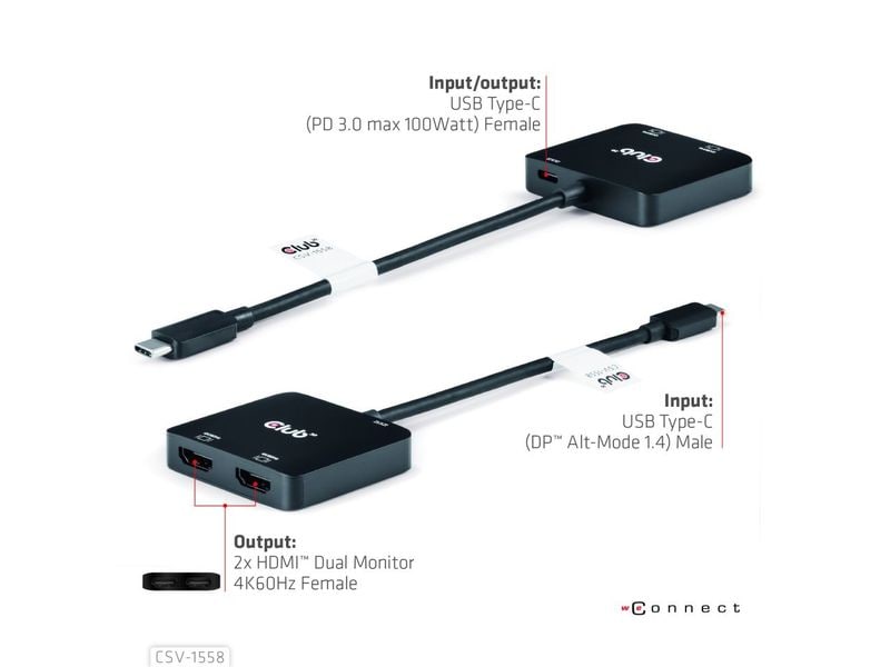 Club 3D USB-Hub CSV-1558 USB Typ-C zu Dual HDMI 4K60 Hz   Strom bis zu 100 Watt