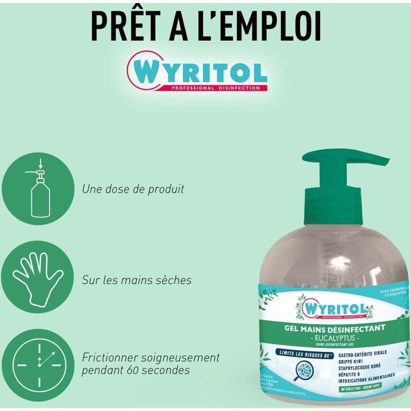 Gel hydroalcoolique désinfectant Wyritol Professional Desinfection Eucalyptus - Flacon 300 ml