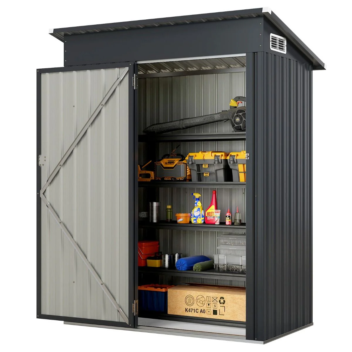 Abri de Rangement Toutes Saisons Abri à Outils Utilitaire avec Toit en Pente Porte Ouvrante Aérations Cadre en Métal Galvanisé Gris