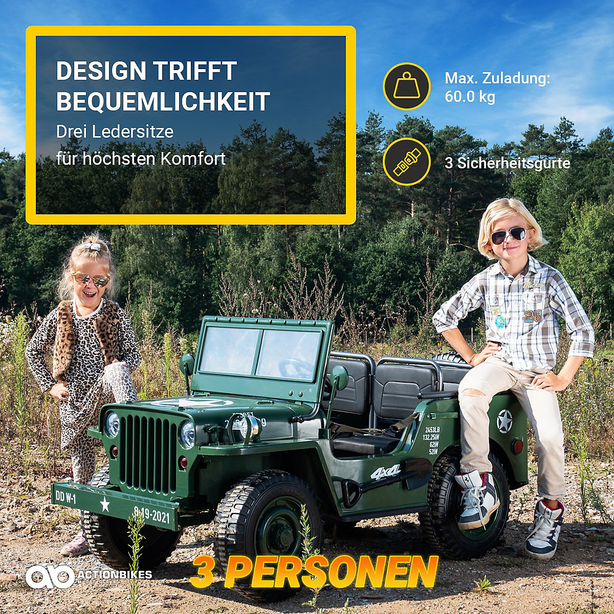 Kinder Elektroauto Jeep Willys - 4x45 Watt - Kinderauto mit Fernbedienung - Soundmodul gr&uuml;n