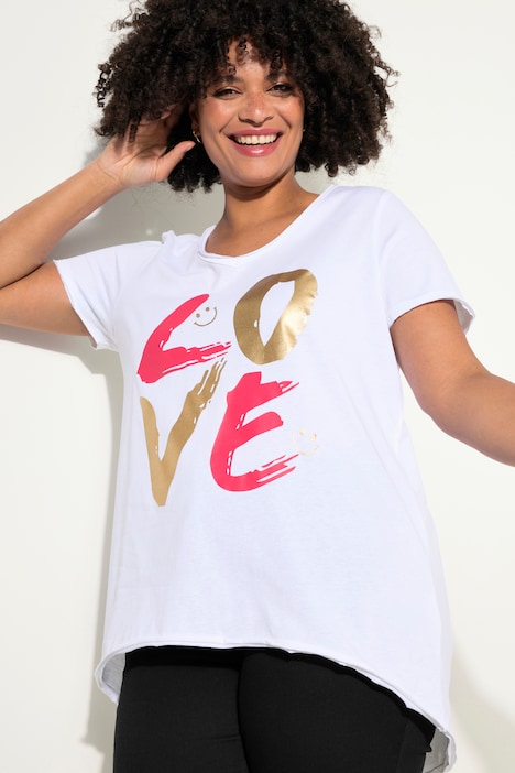 T-Shirt, LOVE-Schriftzug, V-Ausschnitt, Halbarm
