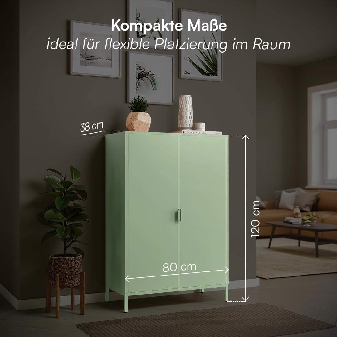 skølm Ituri Metall Kommode – Metallschrank mit 3 verstellbaren Fächern – Sideboard Wohnzimmer in Mintgrün – Aufbewahrungsschrank aus Stahl - Highboard im Industrial Design – Büroschrank/Flurschrank