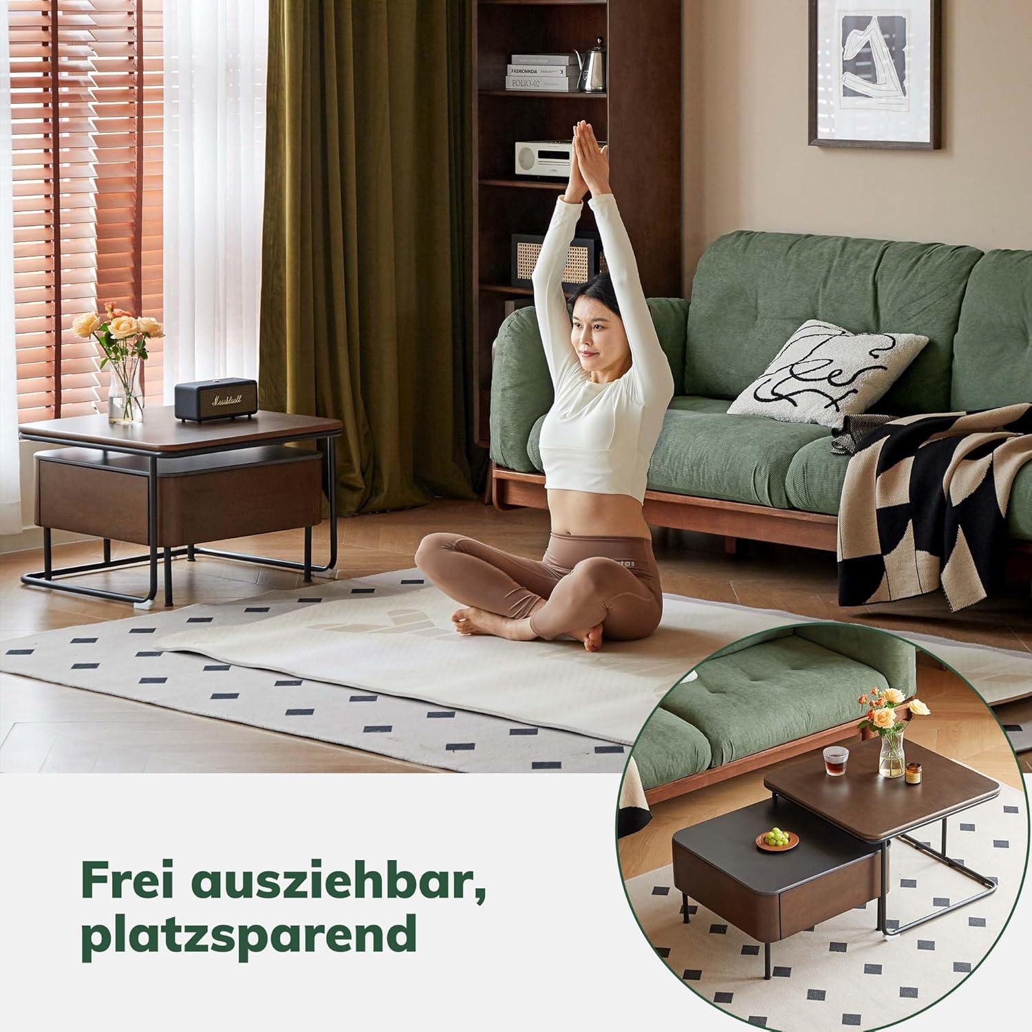 YESWOOD Massivholz Couchtisch 2 Set mit großem Stauraum, quadratischer Beistelltisch 2er Set, Kombinierbar, im Bauhaus-Stil, Tischplatte aus Keramik, für Wohnzimmer, Gummiholz in Walnussfarbe
