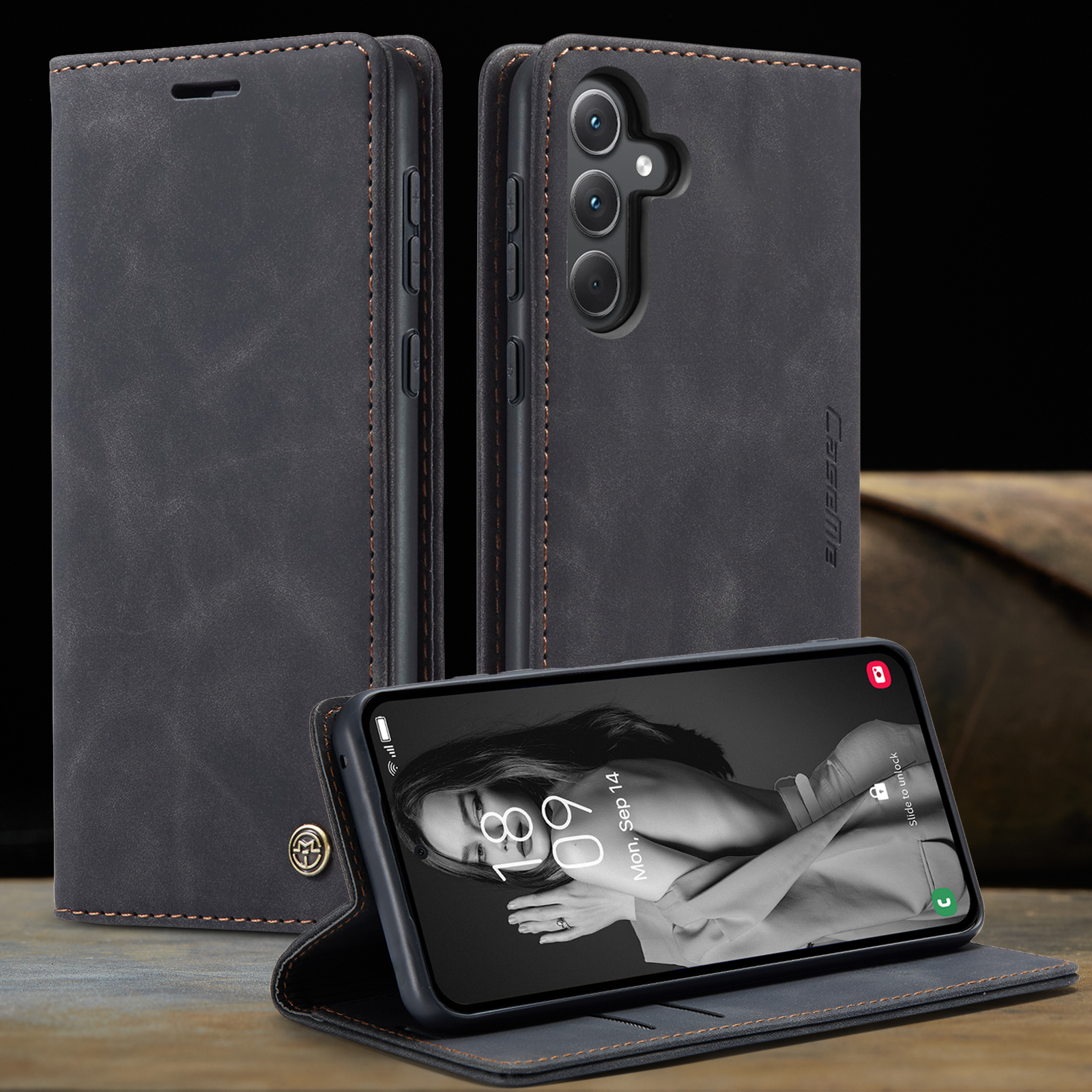 Samsung Galaxy A36 Leder Tasche Flip Wallet Etui mit Kartenfächern - Schwarz