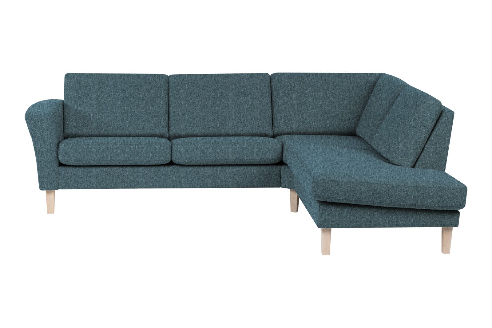 Slogen hjørnesofa Oppsett AH. 2,5-seter med åpen ende høyre. Tekstil Viva Blue med standard ryggpute. Vange A og hvitpigmentert ben 178.