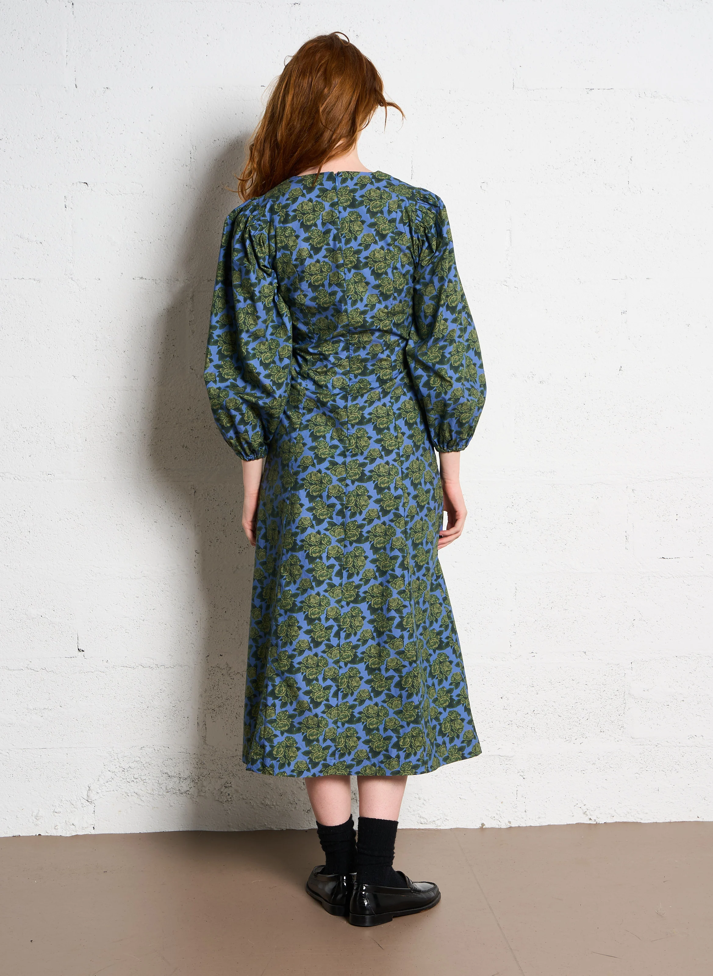 Robe longue en coton imprimé | Bleu