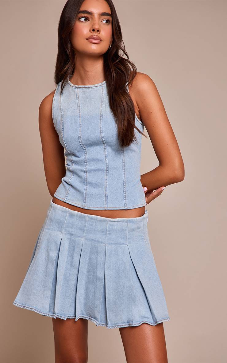 Bleu Clair Mini-jupe Plissée En Denim