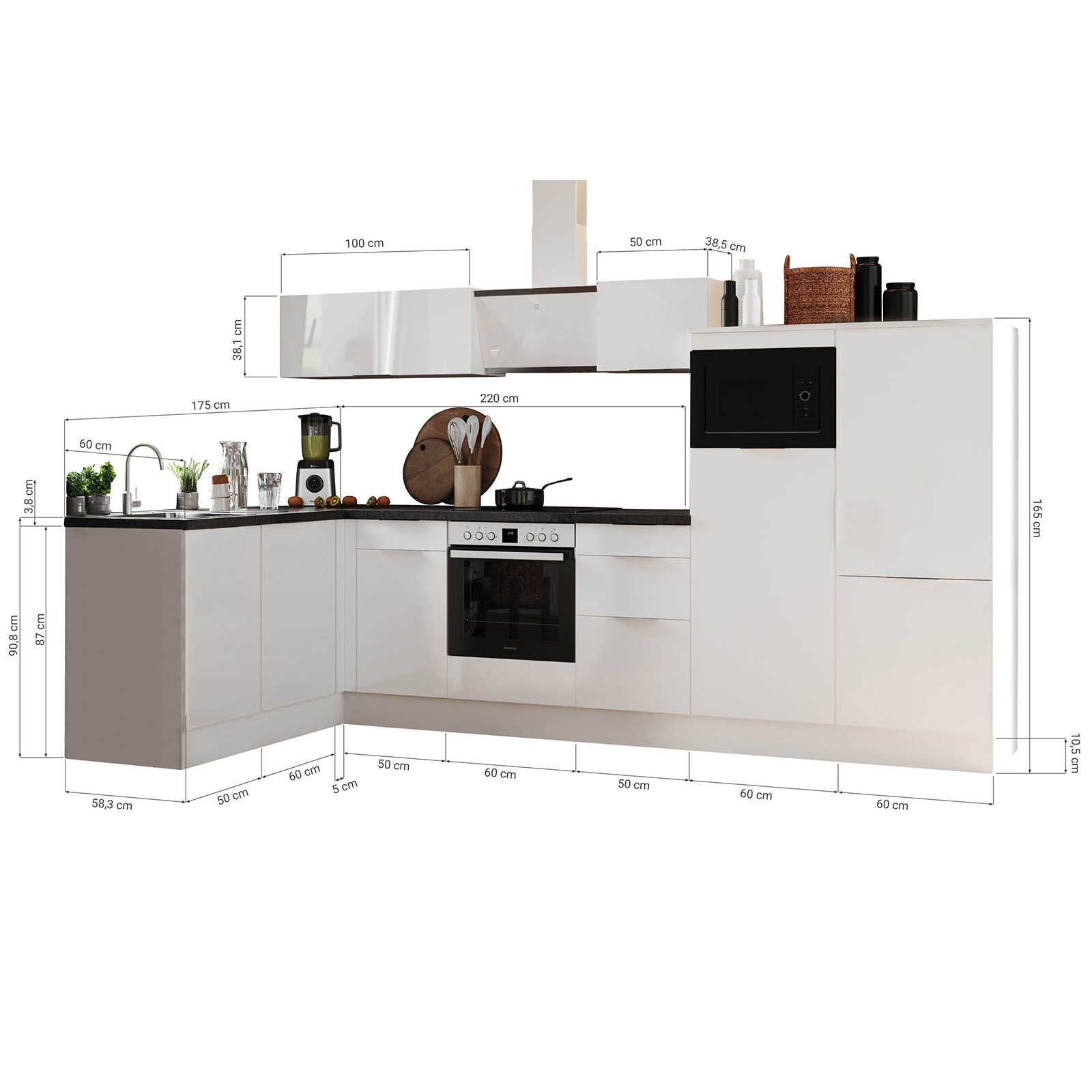 RESPEKTA Winkelküche - weiß Hochglanz - grau matt - mit E-Geräten - 340x175 cm