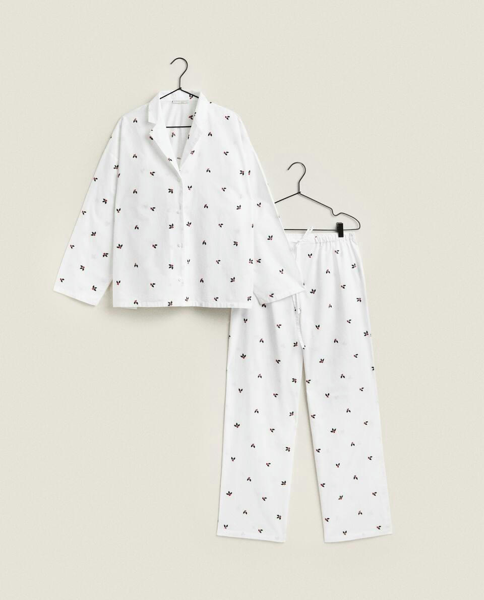 Calça de pijama de algodão com azevinho natalino