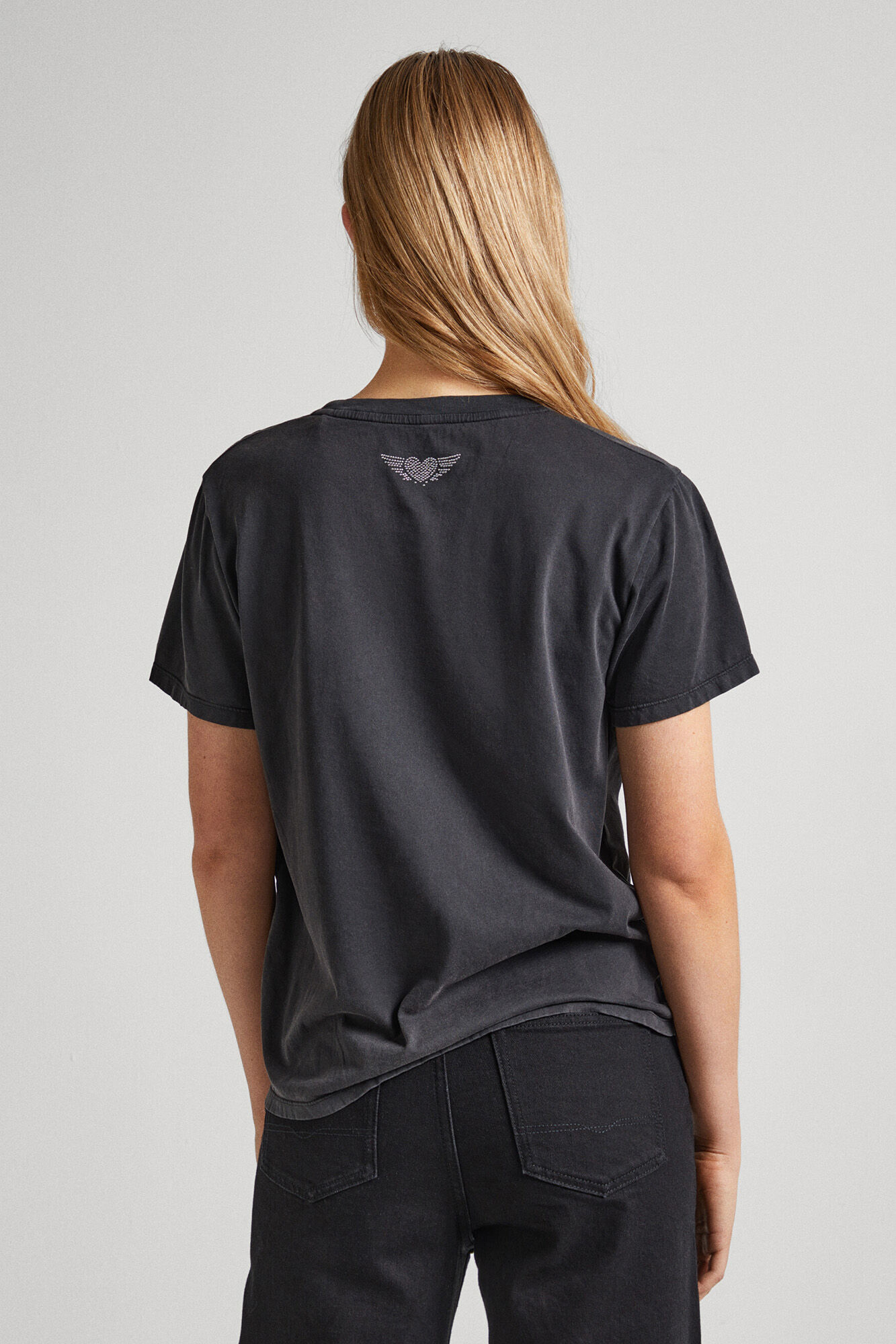 Camiseta de algodão com logotipo de strass