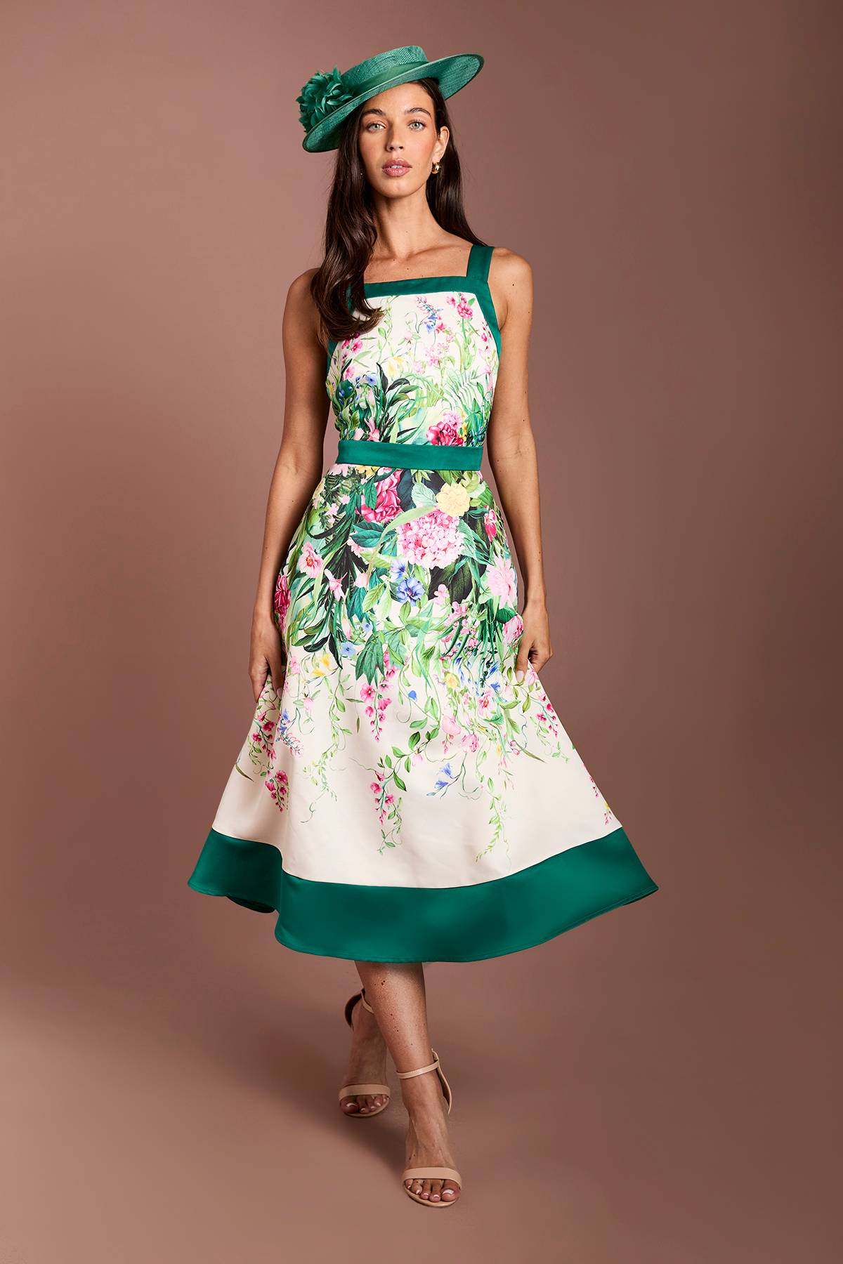 Coast Robe Midi Lisa À Imprimé Floral Cascade Col Licou Coloris Tan