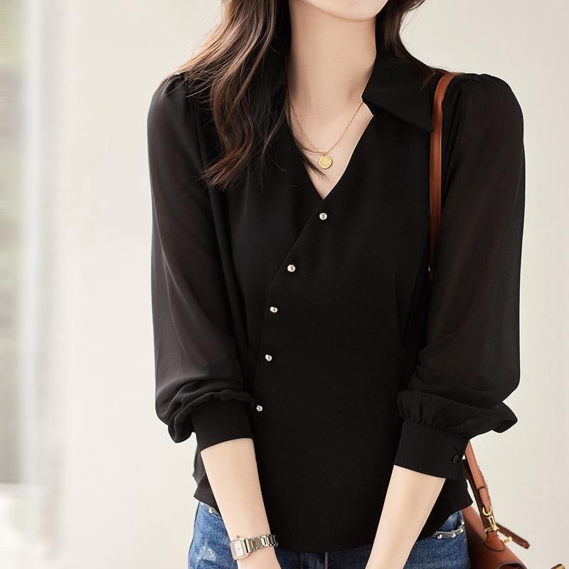 Kwuartz - Blouse met lange mouwen, V-hals, kraag, asymmetrische knoopsluiting en effen kleur