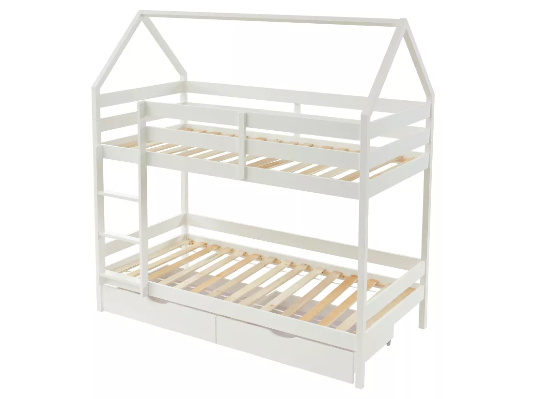 Lits superposés cabane 2 x 90 x 190 cm - 2 tiroirs - Pin - Blanc + Matelas - CHORI