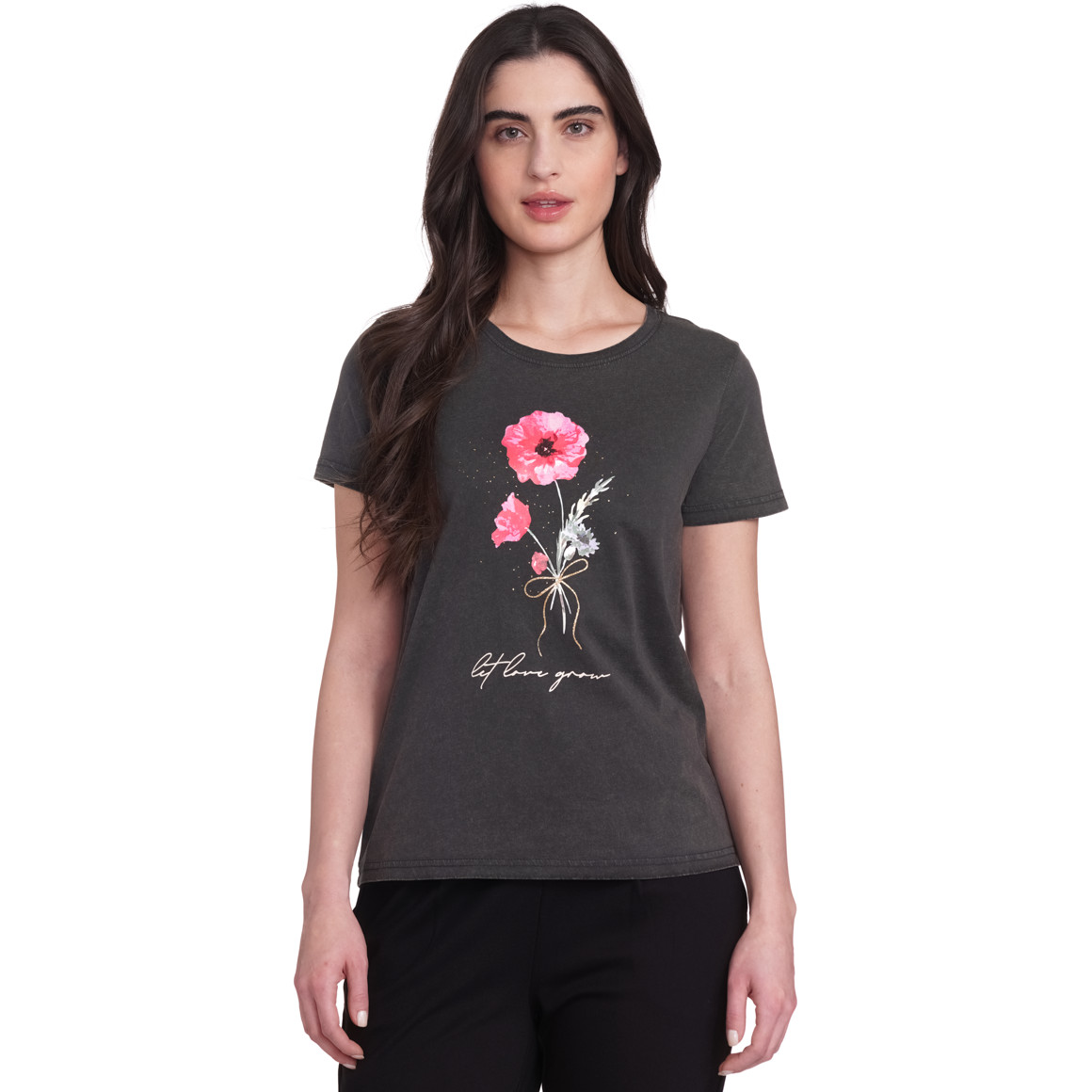 Gina Damen T-Shirt mit Blumen-Print dunkelgrau