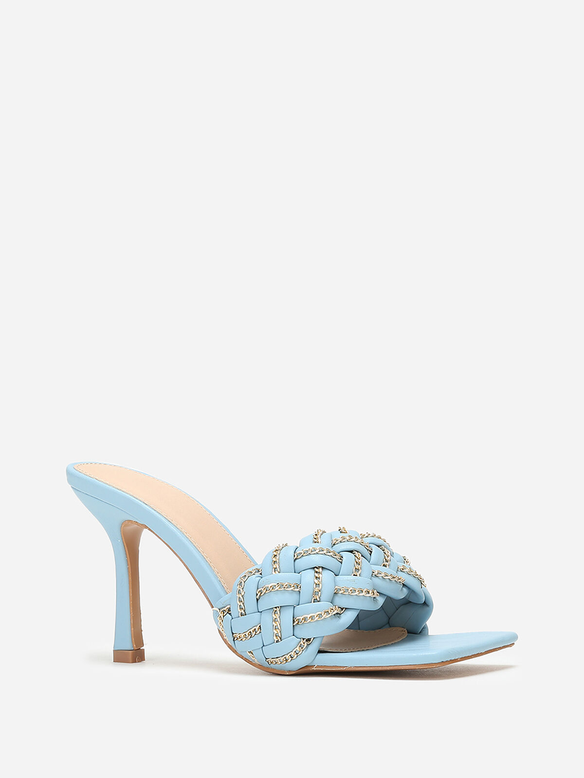 Mules à bride tressée avec fins maillons- Bleu clair
