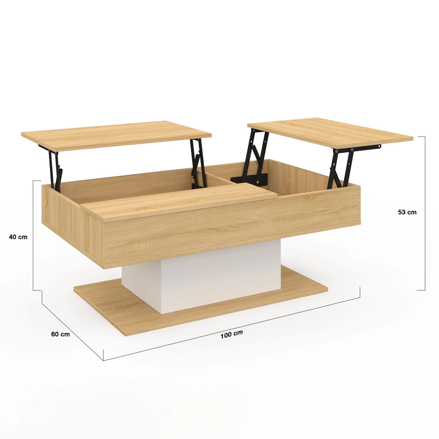 Table basse 2 plateaux relevables rectangulaire EDEN bois et blanc