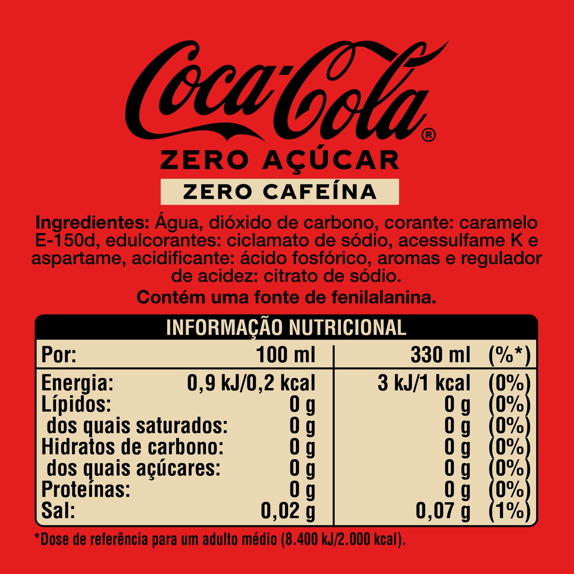 REFRIGERANTE COM GÁS COCA-COLA ZERO CAFEÍNA E ZERO AÇÚCAR 6X0.33L