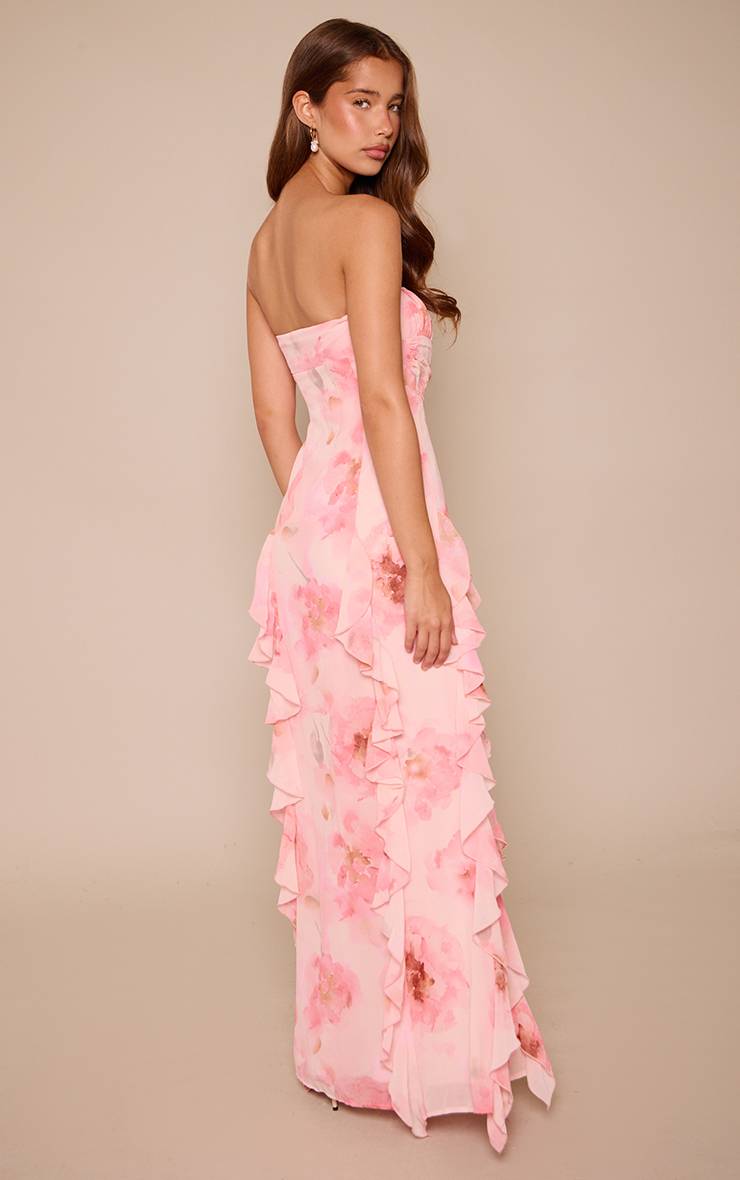 Rose Robe Maxi Bandeau À Volants Et Imprimé Floral