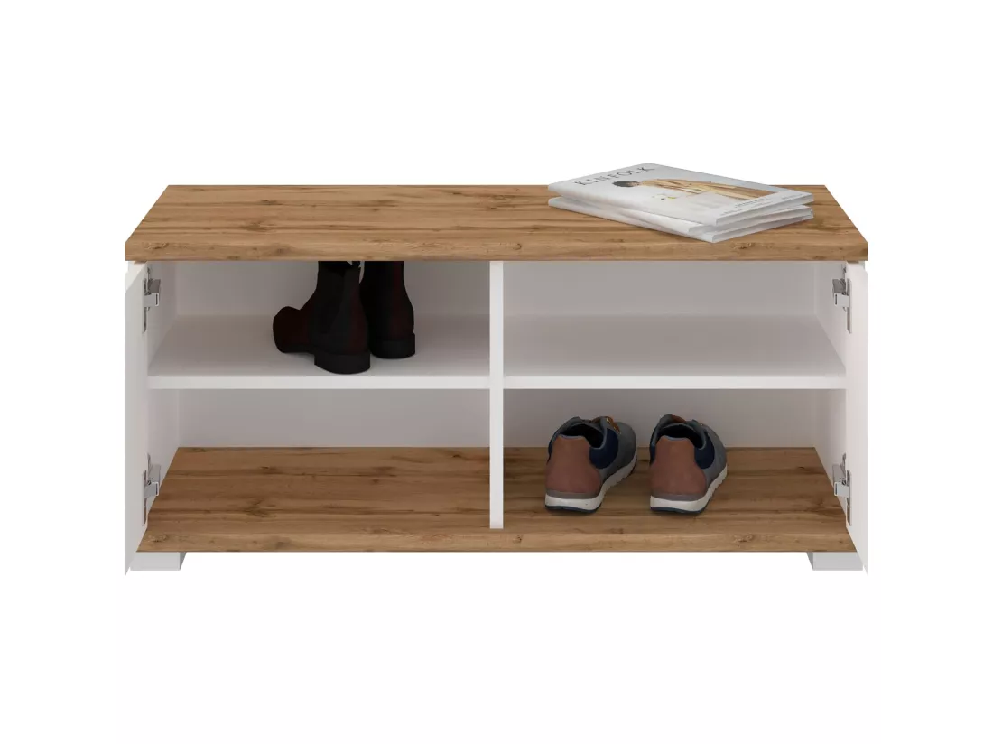 Banc rangement à chaussures VIELLA banc d'entrée 2 portes, en mélaminé couleur chêne wotan et blanc
