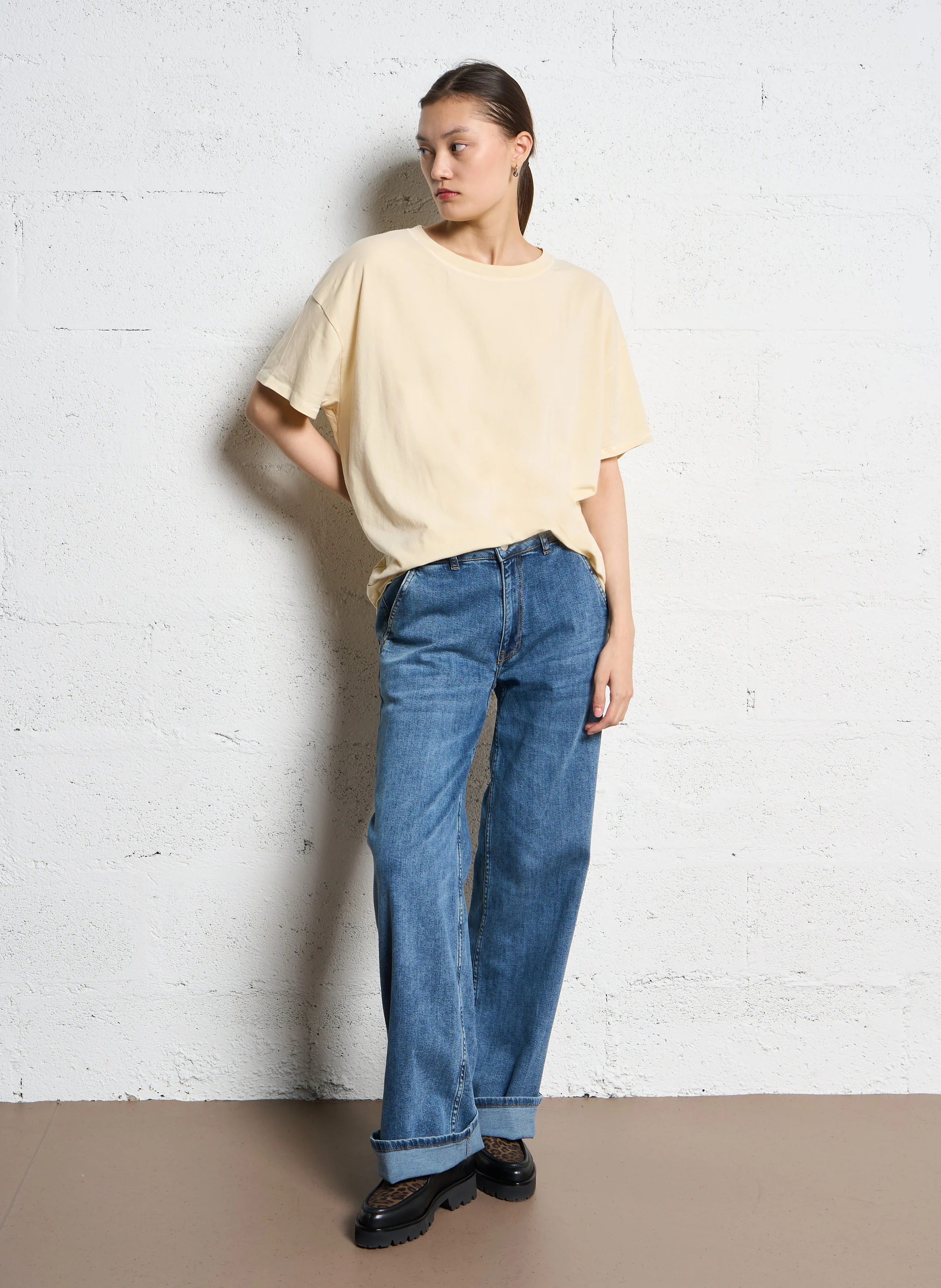 PYMAZ - Tee-shirt oversize col rond en coton mélangé | Beige