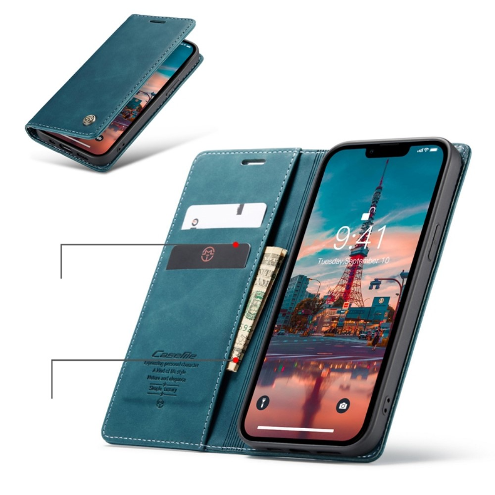 iPhone 14 Leder Tasche Flip Wallet Etui mit Kartenfächern - Blaugrün