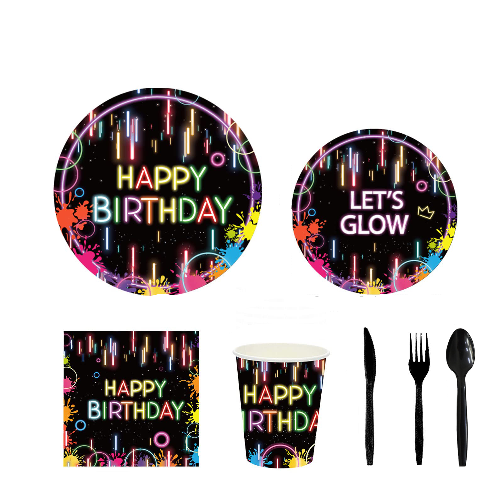 (168-tlg. Set) Happy Birthday Einweg Geschirr Geburtstags Party Tisch Deko inkl. Teller / Besteck / Servietten / Papp Becher - Let's Glow