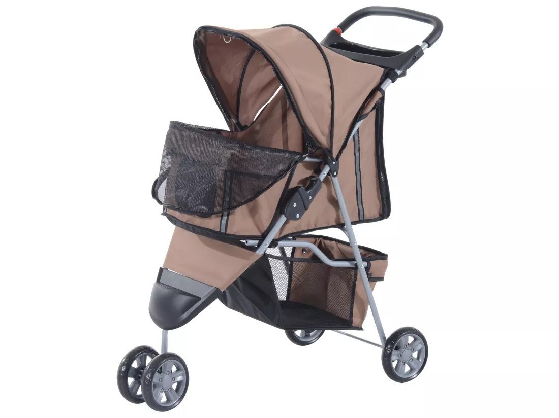 Poussette buggy pour chien chat animaux roue avant pivotante 360 degrés marron