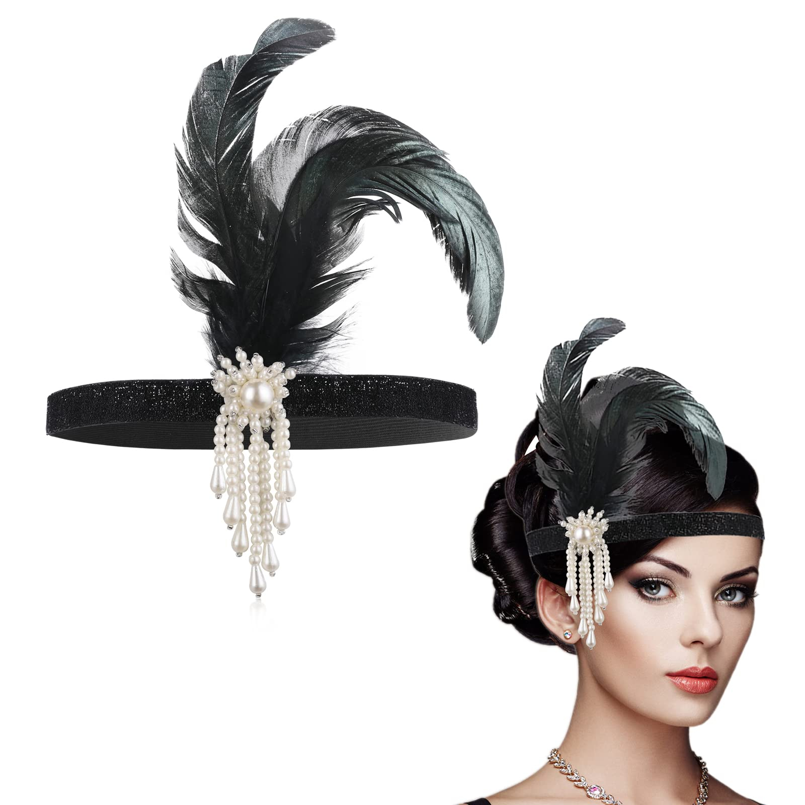 Feder Haarband Fasnachts Kostüm Zubehör Motto Party Accessoire 20er Jahre Halloween Foto Requisite mit Glitzer / Brosche / Feder - Schwarz / Weiss