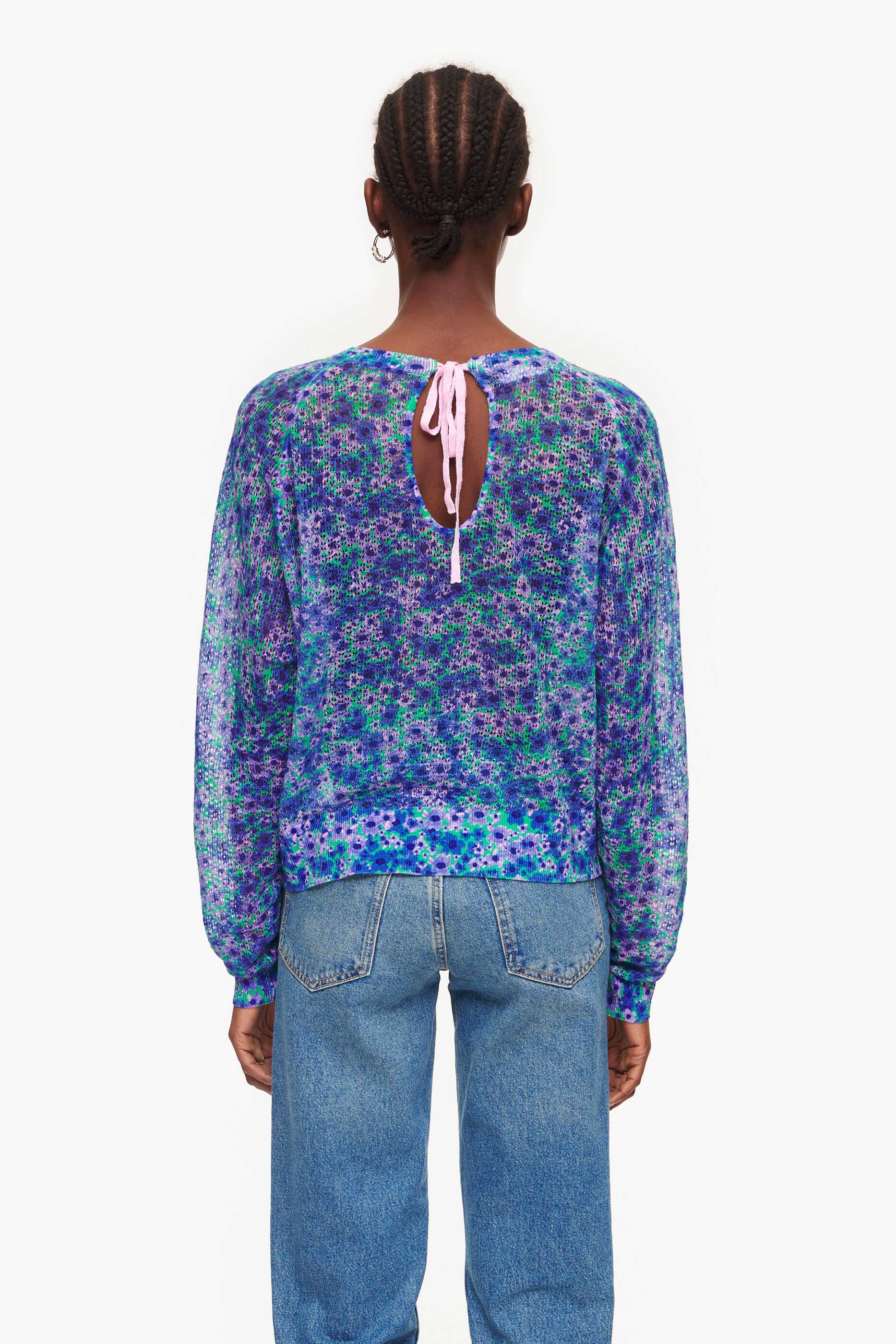 Suéter de linho com estampa floral azul