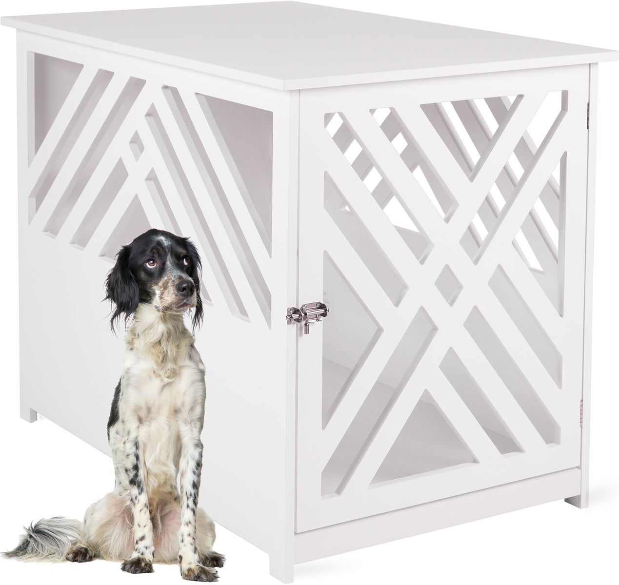 WONDERMAKE® Design Houten Hondenkooi voor Thuis/Appartement met Bijzettafel, Binnenhondenbox voor Woonkamer, 90x60 cm Wit