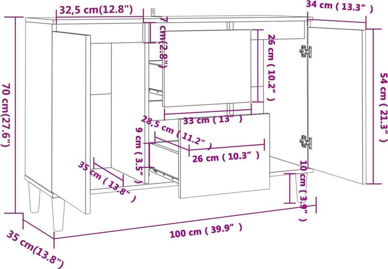 vidaXL - Dressoir - Wit - Bewerkt Hout - 2 Lades 2 Deuren