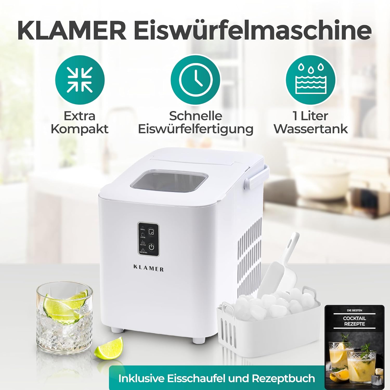 KLAMER Eiswürfelmaschine klein (2025), 8 Eiswürfel in 8 Minuten, 11 kg Eiswürfel pro Tag, 2 Eiswürfelgrößen, 1 L Wassertank, Geräuscharmer Eiswürfelbereiter mit Eisschaufel und Tragegriff