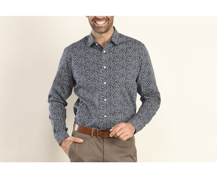 Chemise navy imprimée fleurs blanches - Col français - MATHURIN