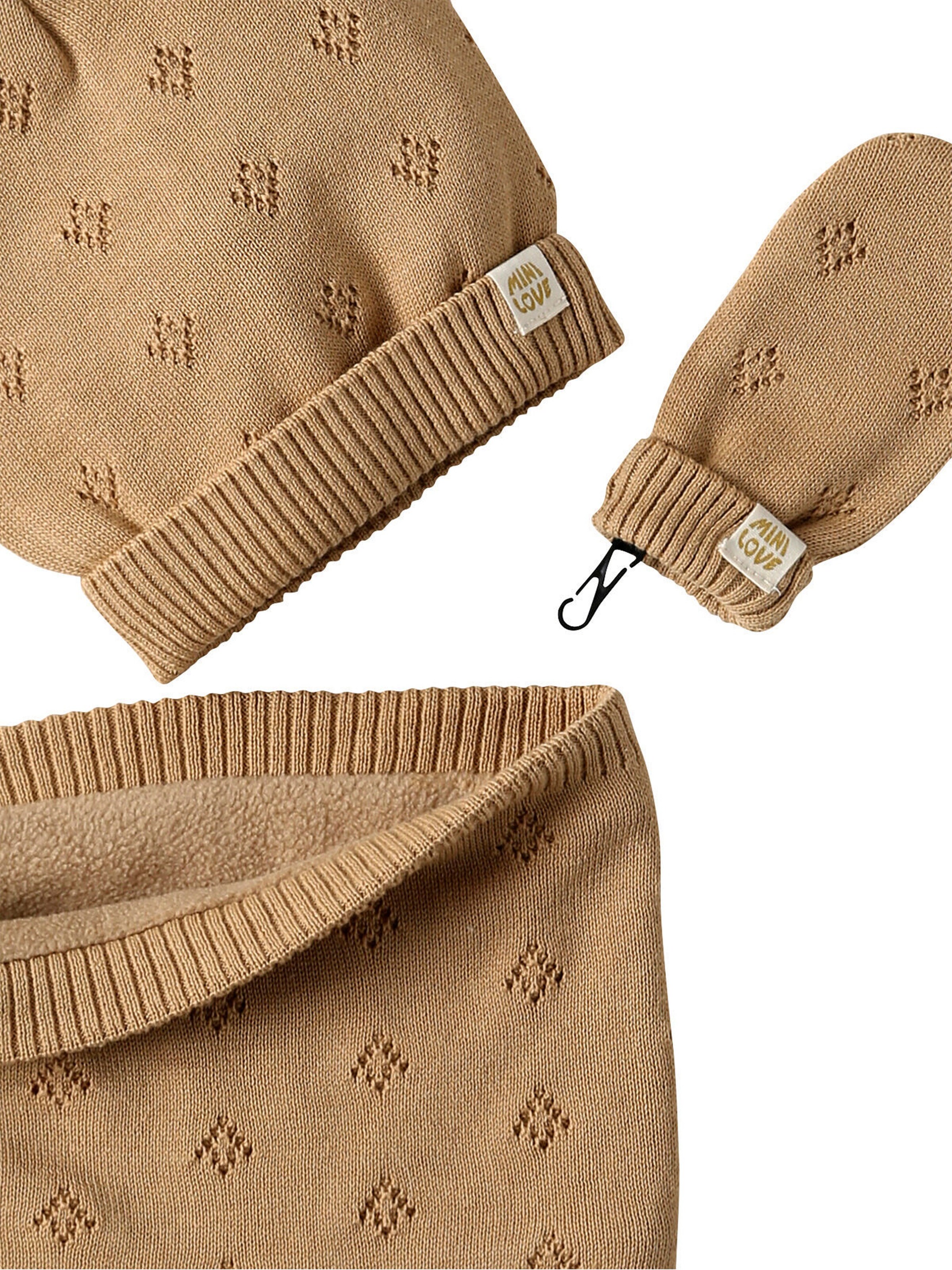 Vertbaudet Mädchen Baby-Set: Mütze mit Ohren, Rundschal & Handschuhe mit Lochmuster beige meliert