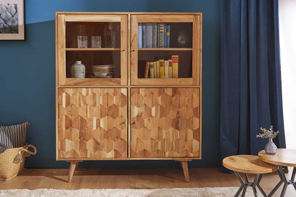 Massivholz Highboard MYSTIC LIVING 140cm Akazie natur Vitrine 3D-Oberfläche
