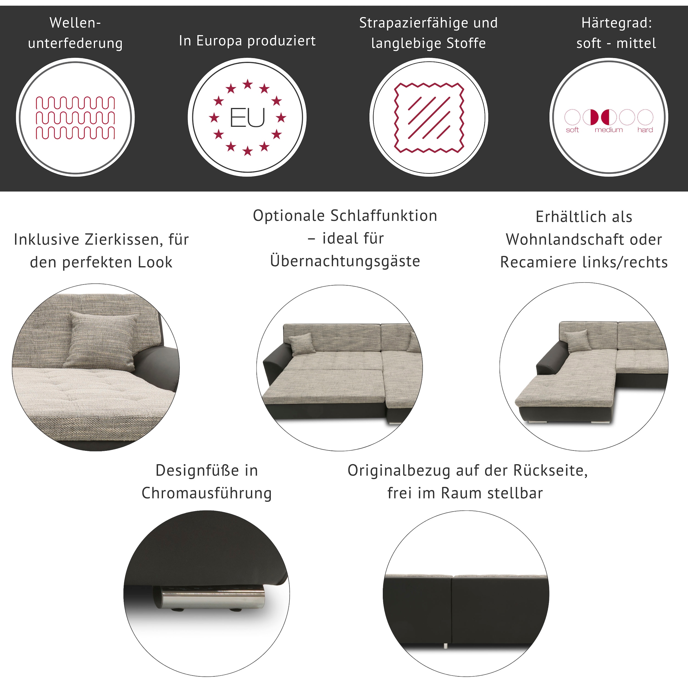 DOMO collection Wohnlandschaft »Brandon, whlw. mit Sitztiefenverstellung, whlw. Nierenkissen« mit Kopfteilverstellung, wahlweise Sitztiefenverstellung, U-Form