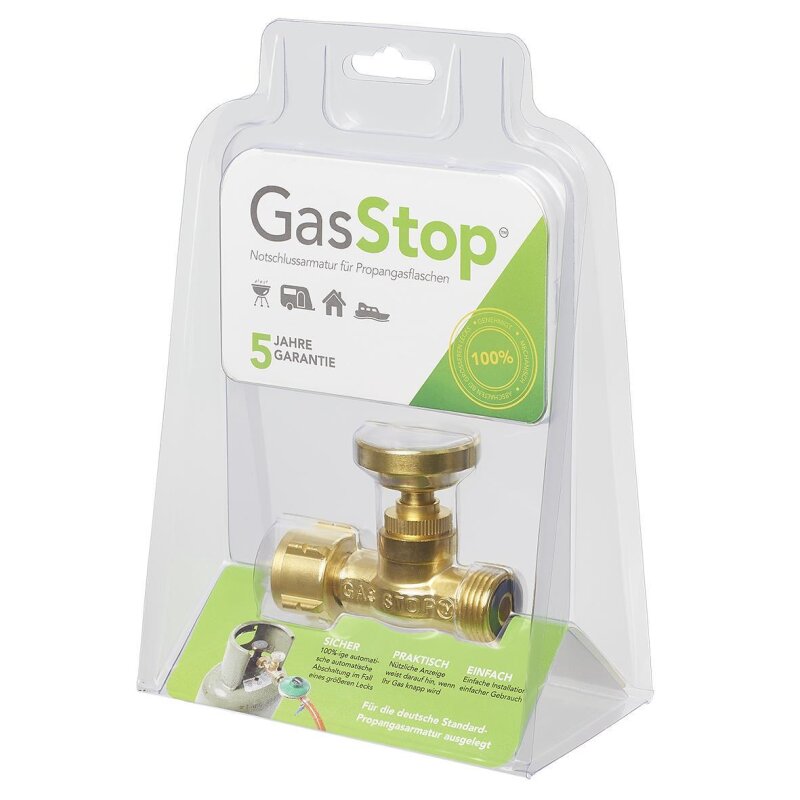 GasStop Notschlussarmatur für Gasflaschen W21,8 x 1/14 LH (G.12) für Deutschland
