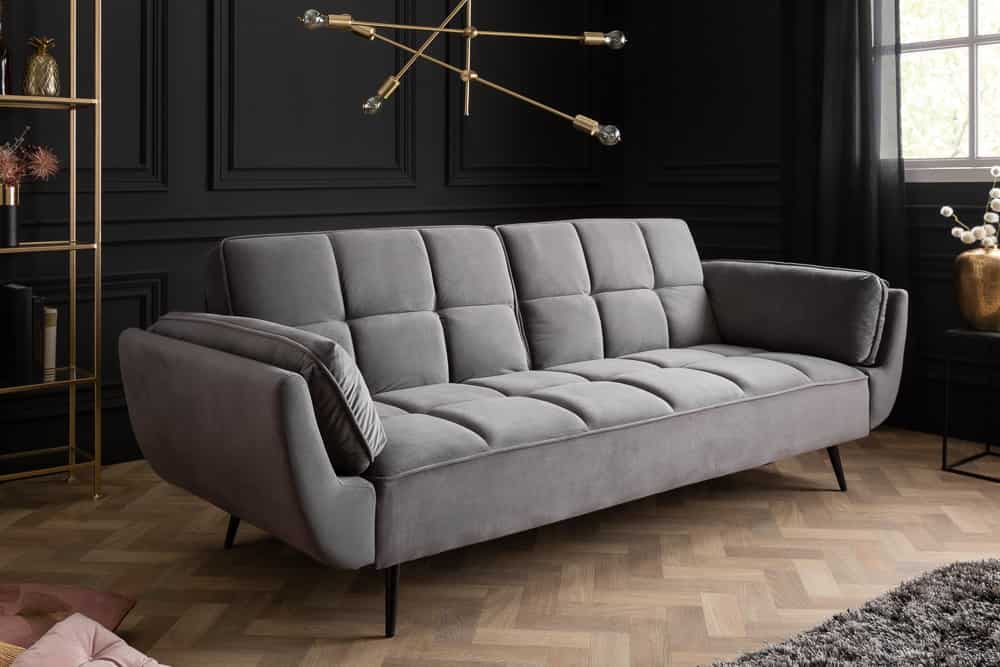 Retro Schlafsofa BOUTIQUE 215cm grau Samt 3-Sitzer mit schwarzen Füßen