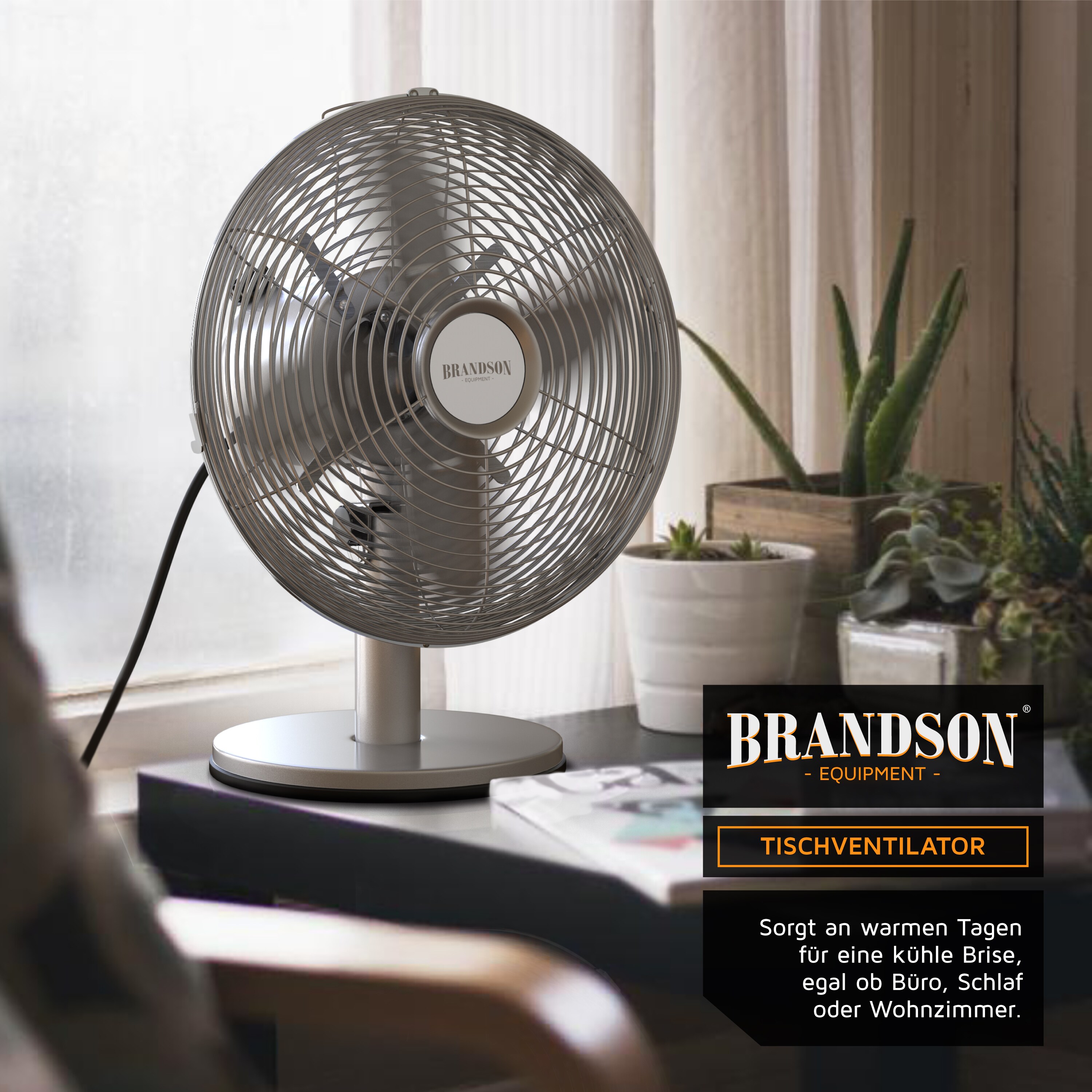 Brandson Tischventilator, mobiler Lüfter, oszillierend 80°, Ventilator mit 3 Geschwindigkeitsstufen, Robustes Voll-Metallgehäuse, Neigung ca. 40°