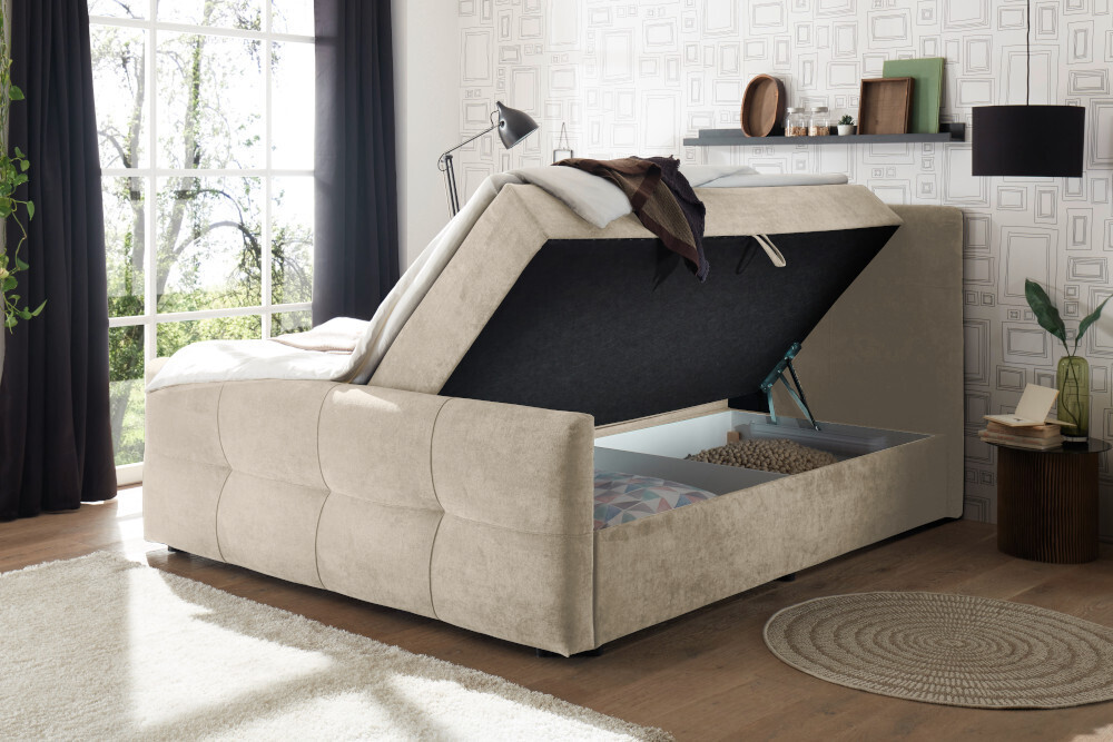 Boxspringbett TOULOUSE 180x200cm beige Microfaser inkl. Matratze Topper Stauraum