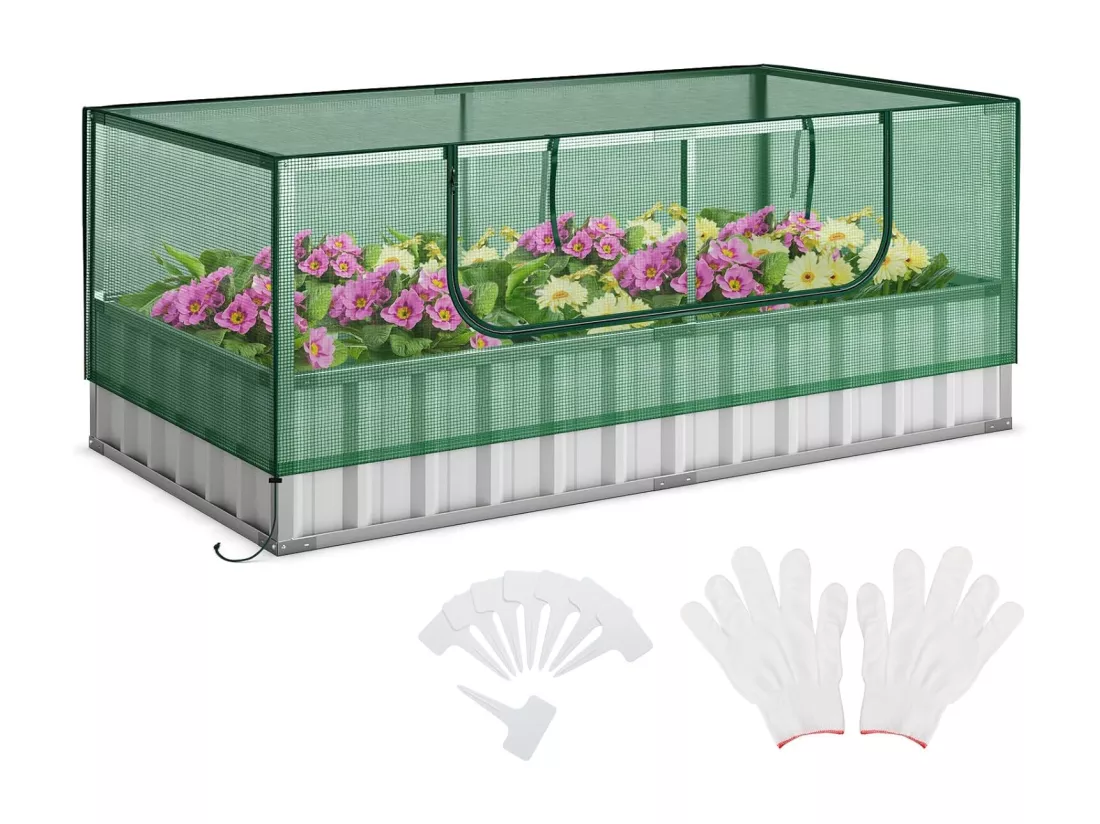 Mini Serre de Jardin et Lit de Jardin Surélevé 174x90x71cm, Jardinière avec Porte Enroulable 8 Étiquettes en T et Une Paire de Gants