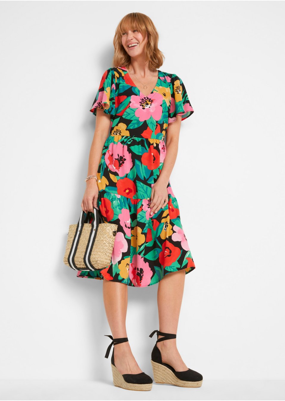 Robe midi à imprimé floral de coupe trapèze