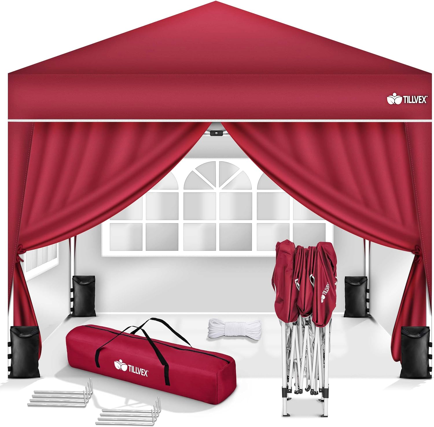 tillvex Pavillon 3x3m wasserdicht mit 4 Seitenteilen + 4er Set Sandsäcke | Pop-Up Faltpavillon stabil & höhenverstellbar | Gartenzelt UV Schutz 50+ | Partyzelt mit Tasche für Garten, Rot
