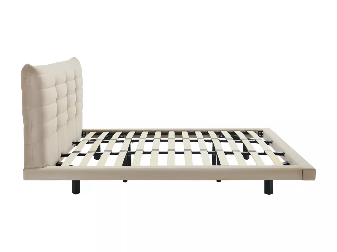 Lit 160 x 200 cm avec tête de lit capitonnée - Velours - Beige - NISATIO