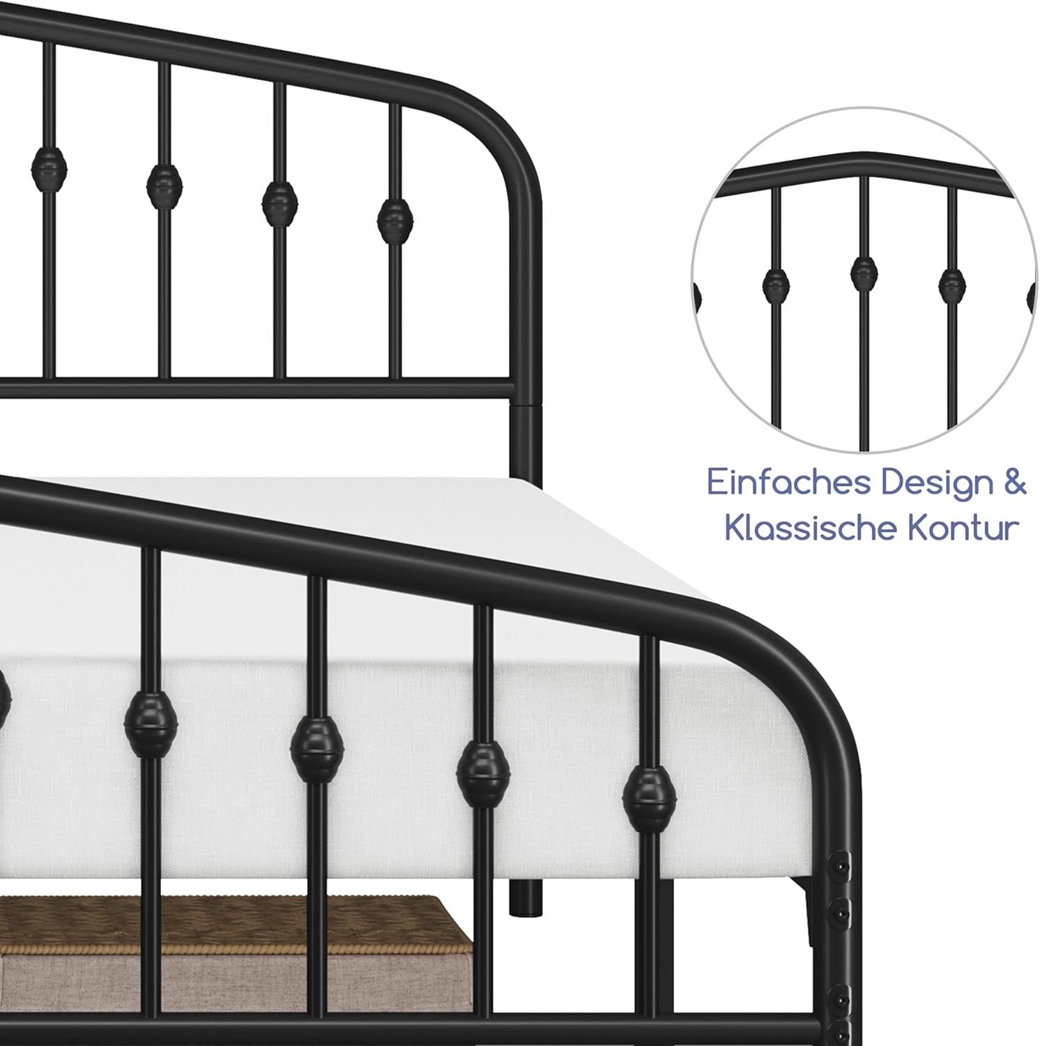 Yaheetech Bettrahmen 160 x 200 cm, Vintage Metallbett mit kronenförmigem Kopfteil, Stabiles Bettgestell Doppelbett aus Metall, Robust & Leichte Montage Gästebett Jugendbett Tagesbett, Schwarz