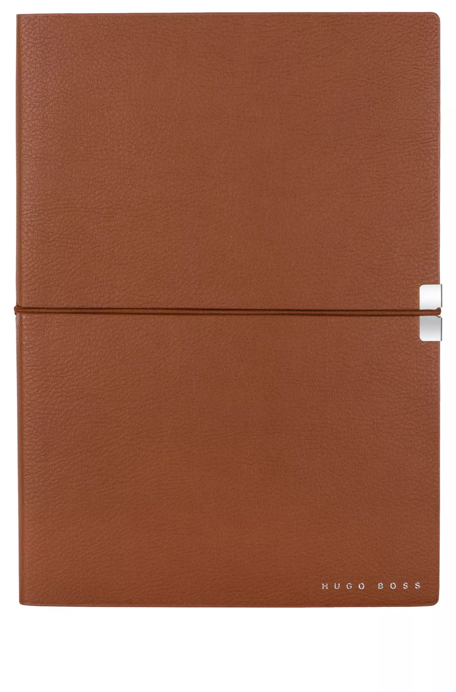 Caderno BOSS A5 preto em imitação de couro cor camelo com elástico.