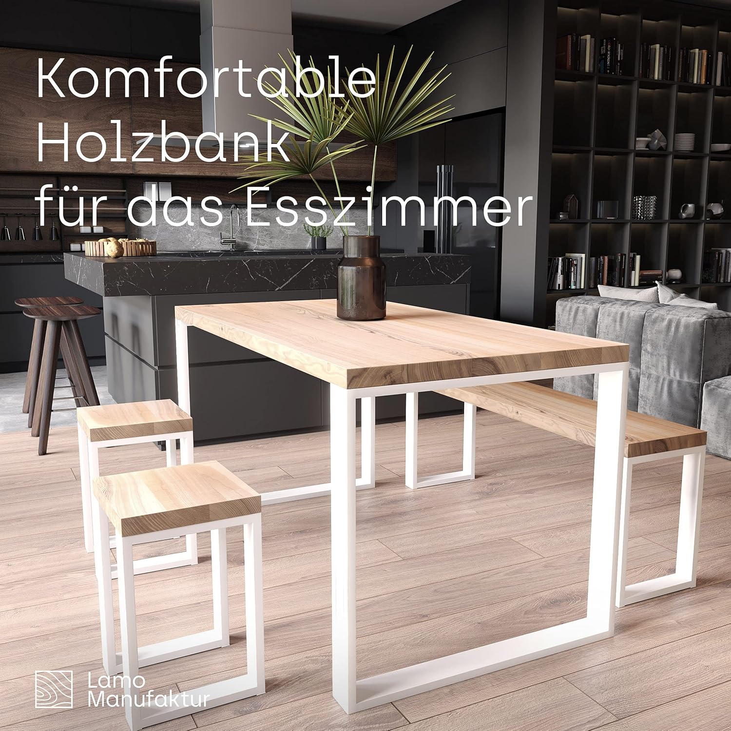 LAMO Manufaktur Sitzbank Flur Holzbank 30x160x47 cm, Möbelfüße Simple Weiss/Roh, LSB-01-A-001-160-9016S